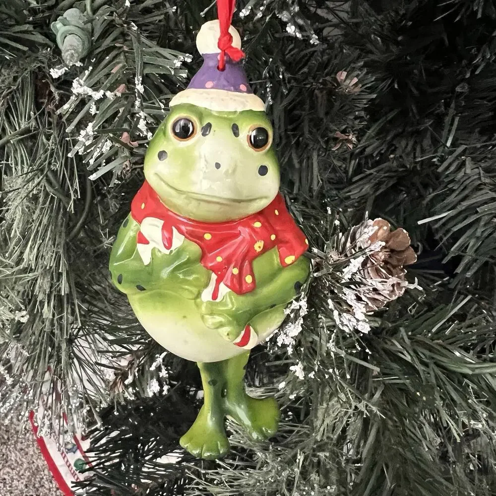 Christmas Frog Ornament 5 Inches Green Dangling Legs Santa Hat Whimsical Holiday